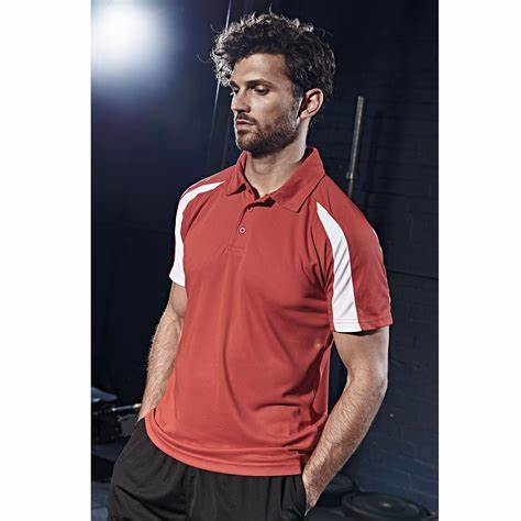 Tricou polo sport pentru barbati, cu insertii de culoare contrastanta pe maneci, rosu cu dungi albe [2]