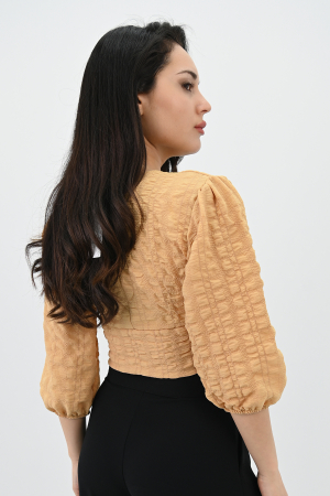 Bluza casual, maneca trei sferturi, model scurt crop-top, Bej [2]