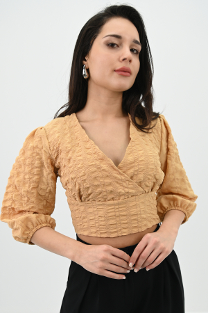 Femei - Bluza casual, maneca trei sferturi, model scurt crop-top, Bej