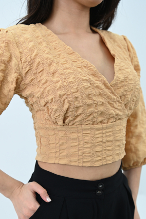 Bluza casual, maneca trei sferturi, model scurt crop-top, Bej [3]