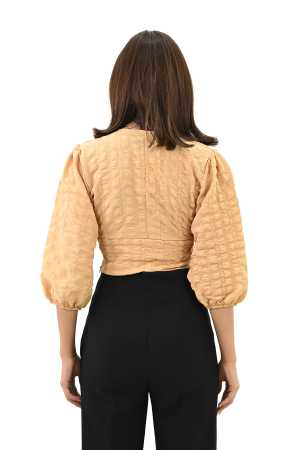 Bluza casual, maneca trei sferturi, model scurt crop-top, Bej [7]