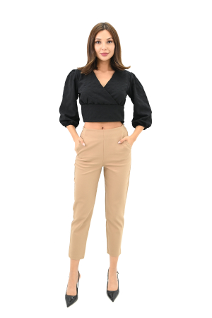 Bluza casual, maneca trei sferturi, model scurt crop-top, Negru [4]