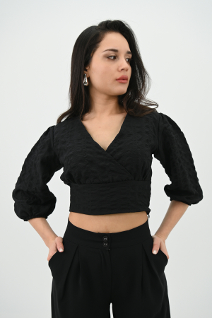 Femei - Bluza casual, maneca trei sferturi, model scurt crop-top, Negru