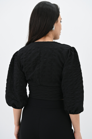 Bluza casual, maneca trei sferturi, model scurt crop-top, Negru [1]