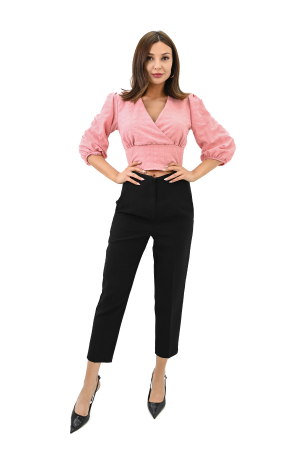 Bluza casual, maneca trei sferturi, model scurt crop-top, Roz pudra [4]