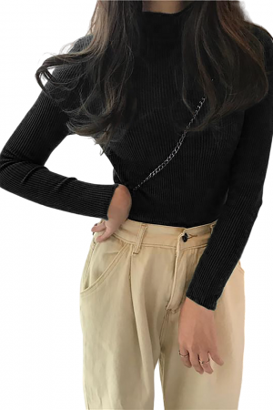 Bluza dama cu maneca lunga, helanca, guler scurt, striatii, bumbac, Negru [6]