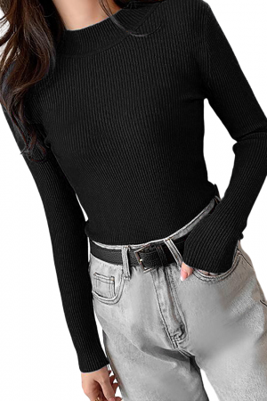 Bluza dama cu maneca lunga, helanca, guler scurt, striatii, bumbac, Negru [3]