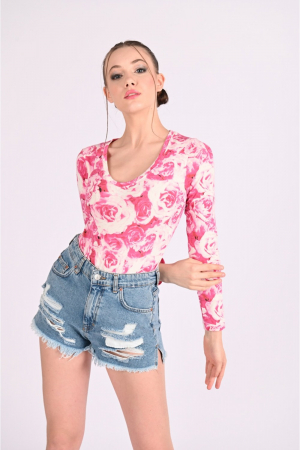 Body casual cu maneca lunga, imprimeu floral [2]