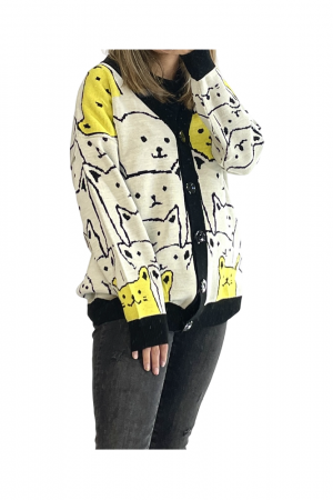 Pulovere - Cardigan, imprimeu animalute, nasturi, marime universala M-L-XL, Galben