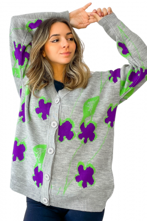 Pulovere - Cardigan, imprimeu floral, nasturi, marime universala M-L-XL, Gri