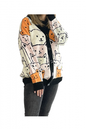 Pulovere - Cardigan, imprimeu animalute, nasturi, marime universala M-L-XL, Portocaliu
