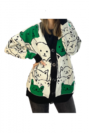 Pulovere - Cardigan, imprimeu animalute, nasturi, marime universala M-L-XL, Verde