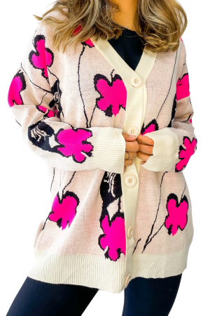 Femei - Cardigan, imprimeu floral, nasturi, marime universala M-L-XL, Alb