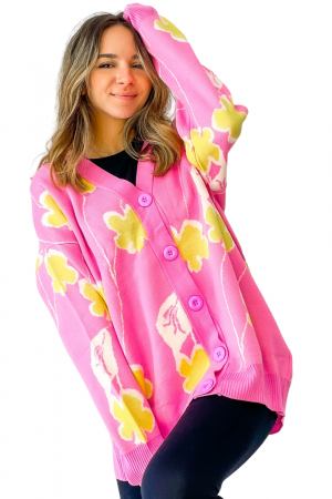 Femei - Cardigan, imprimeu floral, nasturi, marime universala M-L-XL, Rosu