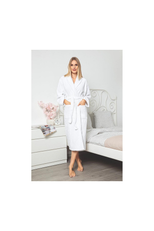Femei - Halat dama de baie tip prosop, pufos, cu buzunare si cordon in talie, Alb
