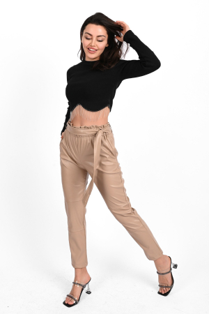 Pantaloni lungi piele ecologica, talie inalta, culoare bej [5]