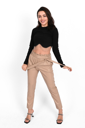 Femei - Pantaloni lungi piele ecologica, talie inalta, culoare bej