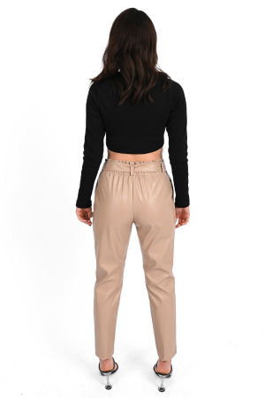 Pantaloni lungi piele ecologica, talie inalta, culoare bej [3]