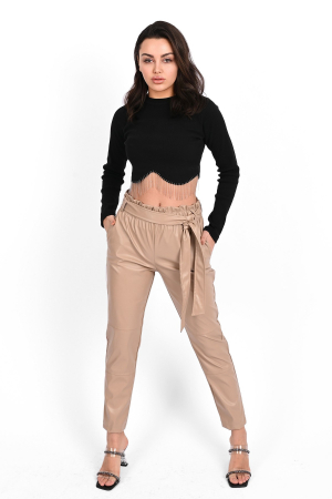 Pantaloni lungi piele ecologica, talie inalta, culoare bej [8]