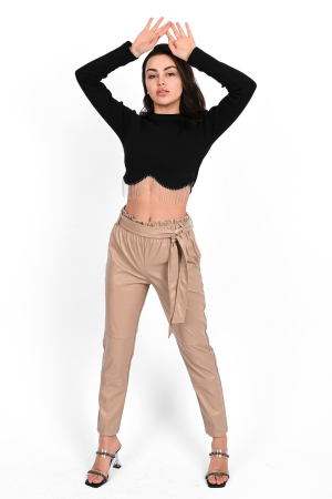 Pantaloni lungi piele ecologica, talie inalta, culoare bej [9]