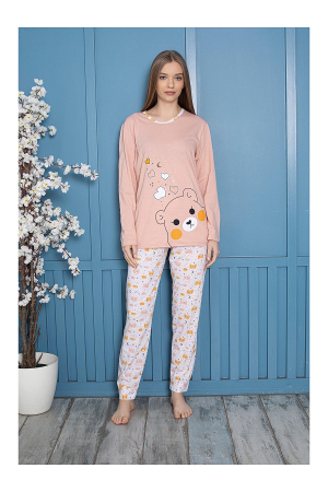 Pijamale dama - Pijama cu decolteu rotund, la baza gatului, Maro deschis cu galben, animal print