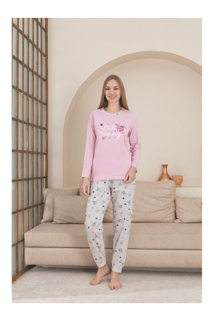 Pijamale dama - Pijama cu decolteu rotund, Roz, Cute Bunny
