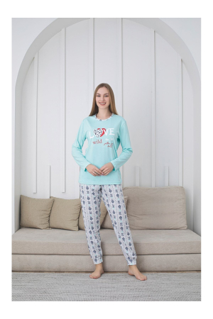 Pijamale dama - Pijama decolteu rotund, Albastru deschis, imprimeu Love Wild