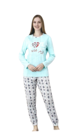 Pijamale dama - Pijama decolteu rotund, Albastru deschis, imprimeu Love Wild