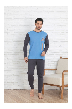Pijamale barbati - Pijamale barbati, bumbac, maneca lunga, albastru inchis