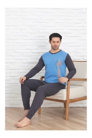 Pijamale barbati, bumbac, maneca lunga, albastru inchis [1]