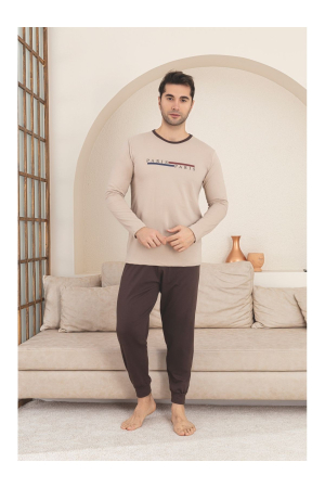 Pijamale barbati - Pijamale bărbați, bumbac, maneca lunga, maro deschis