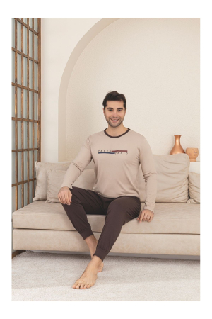 Pijamale bărbați, bumbac, maneca lunga, maro deschis [1]