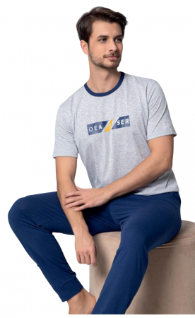 Pijamale barbati, bumbac, pantalon lung Bleumarin, bluza maneca scurta, Gri [1]