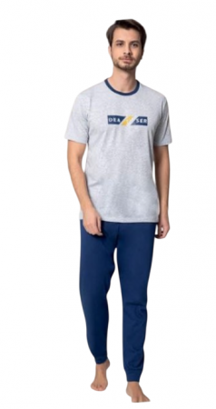 Pijamale barbati - Pijamale barbati, bumbac, pantalon lung Bleumarin, bluza maneca scurta, Gri