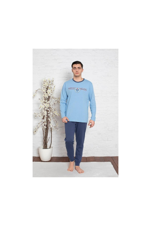 Pijamale barbati - Pijamale bărbați, bumbac, pantalon lung, mânecă lungă, albastru deschis