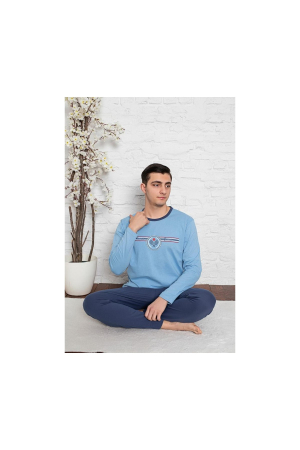 Pijamale bărbați, bumbac, pantalon lung, mânecă lungă, albastru deschis [1]