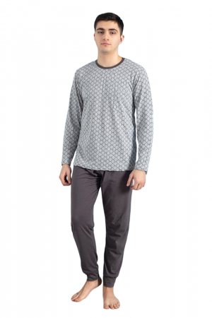 Pijamale barbati - Pijamale barbati, bumbac, pantalon lung, maneca lunga, carouri Negru deschis