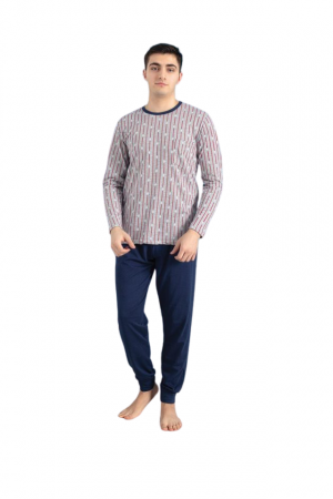 Pijamale barbati - Pijamale barbati, bumbac, pantalon lung, maneca lunga, Gri cu dungi rosii