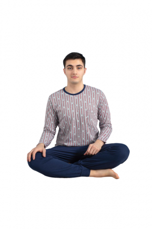Pijamale barbati, bumbac, pantalon lung, maneca lunga, Gri cu dungi rosii [1]