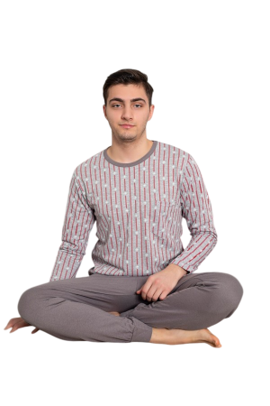 Pijamale barbati, bumbac, pantalon lung, maneca lunga, in dungi, Gri deschis cu dungi visinii [1]
