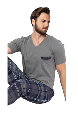 Pijamale barbati, bumbac, pantaloni lungi, bluza maneca scurta, Gri [1]