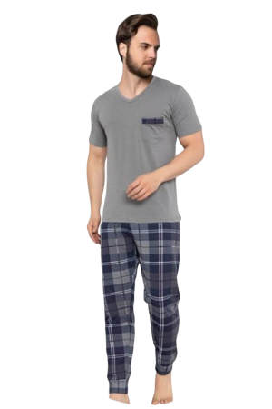 Pijamale barbati - Pijamale barbati, bumbac, pantaloni lungi, bluza maneca scurta, Gri