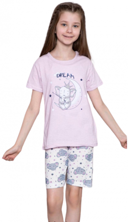 Pijamale copii - Pijamale pentru fete, cu maneci scurte si imprimeu elefantel Mov
