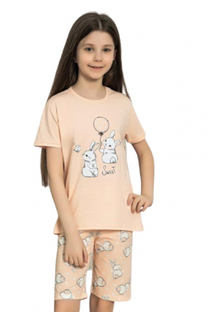 Pijamale copii - Pijamale copii, Maneci scurte si imprimeu iepurasi, Roz