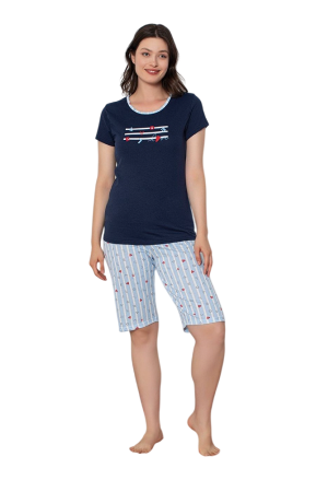 Femei - Pijamale Femei - Set Bluza cu Maneca Scurta si Pantalon Scurt, Bleumarin