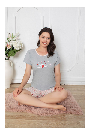 Pijamale Femei - Set Bluza cu Maneca Scurta si Pantalon Scurt, Gri deschis [1]