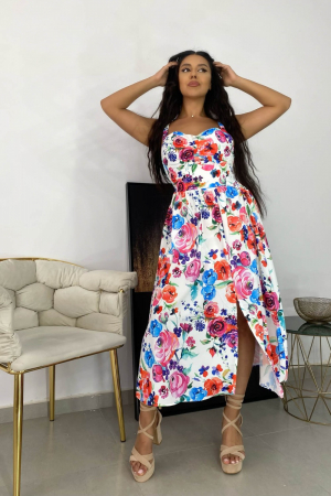 Rochie de vara casual, imprimeu floral, Alb cu Rosu [15]