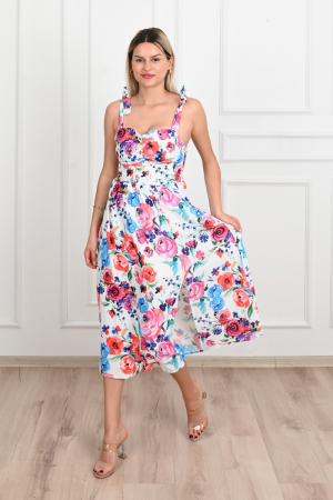 Femei - Rochie de vara casual, imprimeu floral, Alb cu Rosu