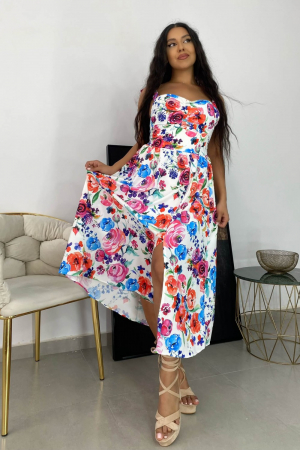 Rochie de vara casual, imprimeu floral, Alb cu Rosu [14]