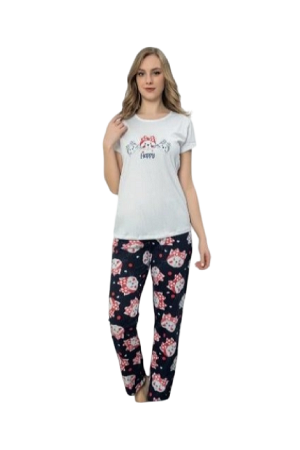 Femei - set-pijama-bluza-si-pantalon-imprimeu-cu-text-happy-culoare-alb-cu-bleumarin